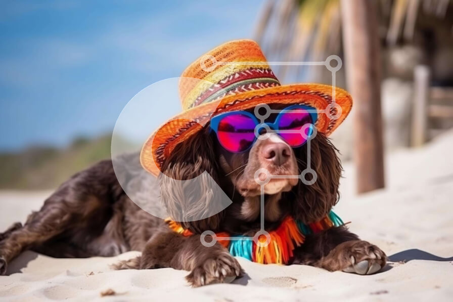 Σετ των 2 Intra Συλλεκτικό Ξύλινο Παζλ Plywood  4mm - Καφέ σκύλος με καπέλο και γυαλιά ηλίου στην παραλία Σε Ξύλινο Κουτί - Διαστάσεις: 10x10 cm – 25 κομμάτια