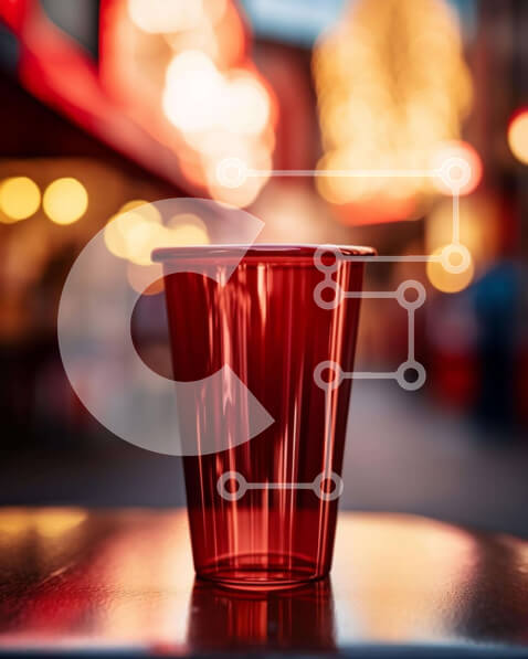 Intra Συλλεκτικό Ξύλινο Παζλ Plywood  4mm - Κόκκινο πλαστικό κύπελλο σε υπαίθριο τραπέζι με ανθρώπους Σε Ξύλινο Κουτί - Διαστάσεις Puzzle: 10x10 cm – 25 κομμάτια