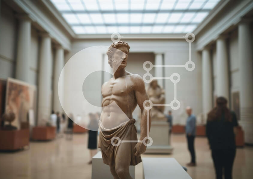 Intra Συλλεκτικό Ξύλινο Παζλ Plywood  4mm - Αρχαίο ελληνικό άγαλμα στο μουσείο με επισκέπτες Σε Ξύλινο Κουτί - Διαστάσεις Puzzle: 10x10 cm – 25 κομμάτια