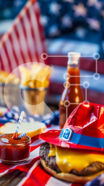 Intra Συλλεκτικό Ξύλινο Παζλ Plywood  4mm - Μπέργκερ και πατάτες σε τραπεζομάντιλο αμερικανικής σημαίας Σε Ξύλινο Κουτί - Διαστάσεις: 10x10 cm – 25 κομμάτια