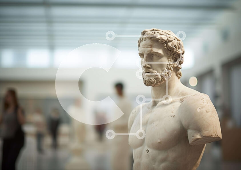 Intra Συλλεκτικό Ξύλινο Παζλ Plywood  4mm - Άγαλμα αρχαίας ελληνικής προτομής με επισκέπτες Σε Ξύλινο Κουτί - Διαστάσεις Puzzle: 10x10 cm – 25 κομμάτια