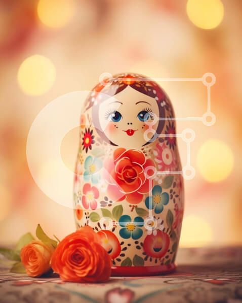 Intra Συλλεκτικό Ξύλινο Παζλ Plywood  4mm - Ρωσική κούκλα φωλιάσματος με πορτοκαλί λουλούδι Σε Ξύλινο Κουτί - Διαστάσεις: 10x10 cm – 25 κομμάτια