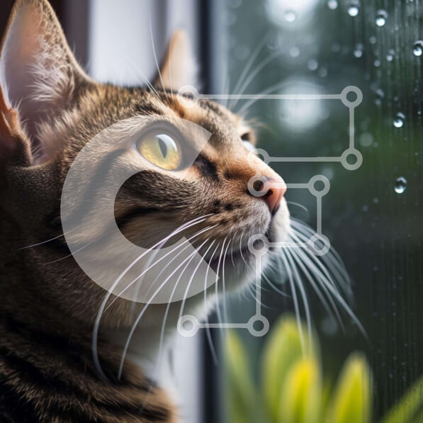 Intra Συλλεκτικό Ξύλινο Παζλ Plywood  4mm - Τιγρέ γάτα που παρακολουθεί τις σταγόνες της βροχής Σε Ξύλινο Κουτί - Διαστάσεις: 10x10 cm – 25 κομμάτια