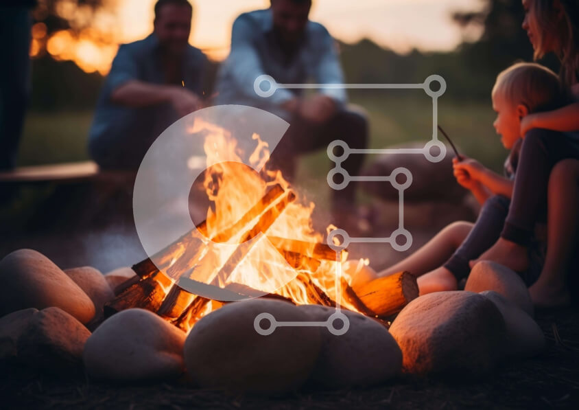 Intra Συλλεκτικό Ξύλινο Παζλ Plywood  4mm - Άνθρωποι γύρω από τη φωτιά στο ηλιοβασίλεμα Σε Ξύλινο Κουτί - Διαστάσεις: 10x10 cm – 25 κομμάτια