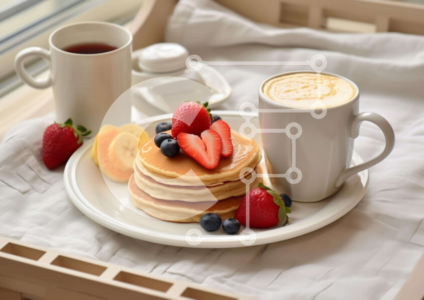 Σετ των 2 Intra Συλλεκτικό Ξύλινο Παζλ Plywood  4mm - Δίσκος πρωινού με τηγανίτες, φράουλες, μπανάνες και καφέ Σε Ξύλινο Κουτί - Διαστάσεις: 10x10 cm – 25 κομμάτια