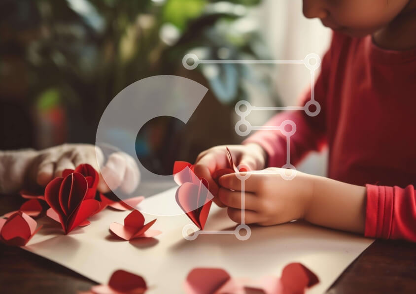 Intra Συλλεκτικό Ξύλινο Παζλ Plywood  4mm - Νεαρό κορίτσι που χειροτεχνεί με κόκκινα χάρτινα λουλούδια Σε Ξύλινο Κουτί - Διαστάσεις Puzzle: 10x10 cm – 25 κομμάτια