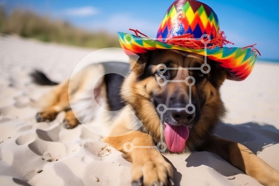 Σετ των 2 Intra Συλλεκτικό Ξύλινο Παζλ Plywood  4mm - Γερμανικός Ποιμενικός σκύλος με πολύχρωμο καπέλο στην παραλία Σε Ξύλινο Κουτί - Διαστάσεις: 10x10 cm – 25 κομμάτια