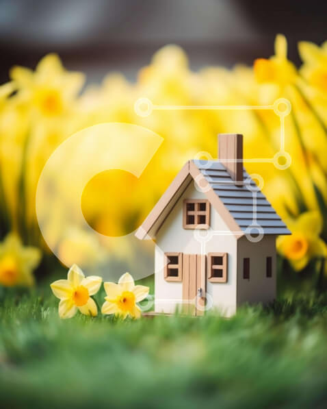 Intra Συλλεκτικό Ξύλινο Παζλ Plywood  4mm - Σπίτι παιχνιδιών στο γρασίδι με κίτρινους νάρκισσους Σε Ξύλινο Κουτί - Διαστάσεις: 10x10 cm – 25 κομμάτια