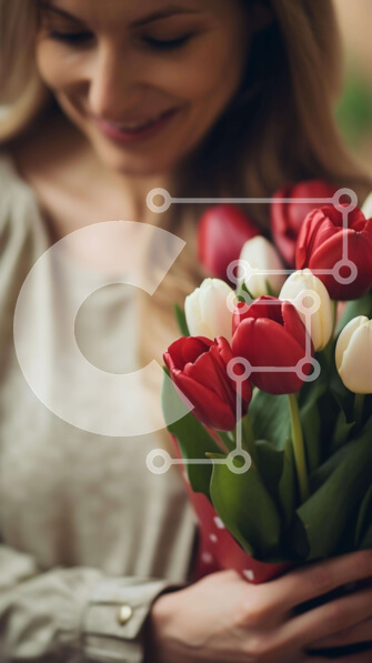 Intra Συλλεκτικό Ξύλινο Παζλ Plywood  4mm - Γυναίκα που κρατά μπουκέτο με κόκκινες και άσπρες τουλίπες για την ημέρα του Αγίου Βαλεντίνου Σε Ξύλινο Κουτί - Διαστάσεις: 10x10 cm – 25 κομμάτια