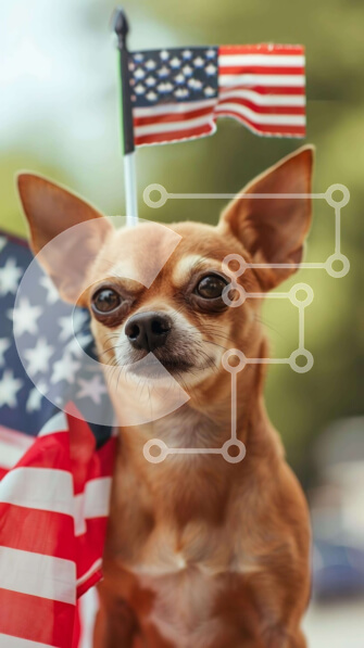 Intra Συλλεκτικό Ξύλινο Παζλ Plywood  4mm - Πατριωτικό σκυλί που γιορτάζει την 4η Ιουλίου με αμερικανική σημαία Σε Ξύλινο Κουτί - Διαστάσεις Puzzle: 10x10 cm – 25 κομμάτια