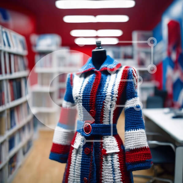 Intra Συλλεκτικό Ξύλινο Παζλ Plywood  4mm - Παλτό με κροσέ κόκκινο, λευκό και μπλε που εμφανίζεται σε ένα άδειο δωμάτιο Σε Ξύλινο Κουτί - Διαστάσεις Puzzle: 10x10 cm – 25 κομμάτια