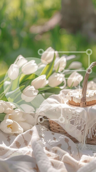 Σετ των 2 Intra Συλλεκτικό Ξύλινο Παζλ Plywood  4mm - Καλάθι πικ-νικ με λευκές τουλίπες Σε Ξύλινο Κουτί - Διαστάσεις: 10x10 cm – 25 κομμάτια