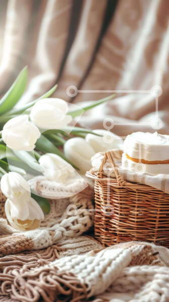 Σετ των 2 Intra Συλλεκτικό Ξύλινο Παζλ Plywood  4mm - Λευκές τουλίπες και πετσέτες σε ένα καλάθι Σε Ξύλινο Κουτί - Διαστάσεις: 10x10 cm – 25 κομμάτια