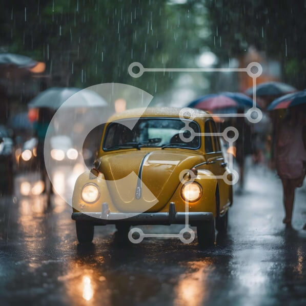 Intra Συλλεκτικό Ξύλινο Παζλ Plywood  4mm - Κίτρινο σκαθάρι Volkswagen στη βροχή Σε Ξύλινο Κουτί - Διαστάσεις Puzzle: 10x10 cm – 25 κομμάτια