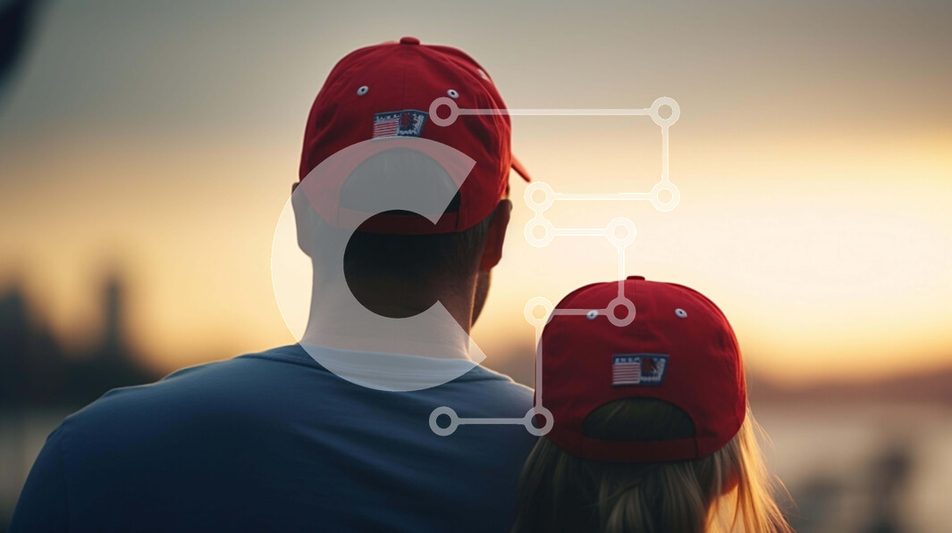 Intra Συλλεκτικό Ξύλινο Παζλ Plywood  4mm - Ρομαντική θέα στο ηλιοβασίλεμα με ζευγάρι με κόκκινα σκουφάκια του μπέιζμπολ Σε Ξύλινο Κουτί - Διαστάσεις Puzzle: 10x10 cm – 25 κομμάτια