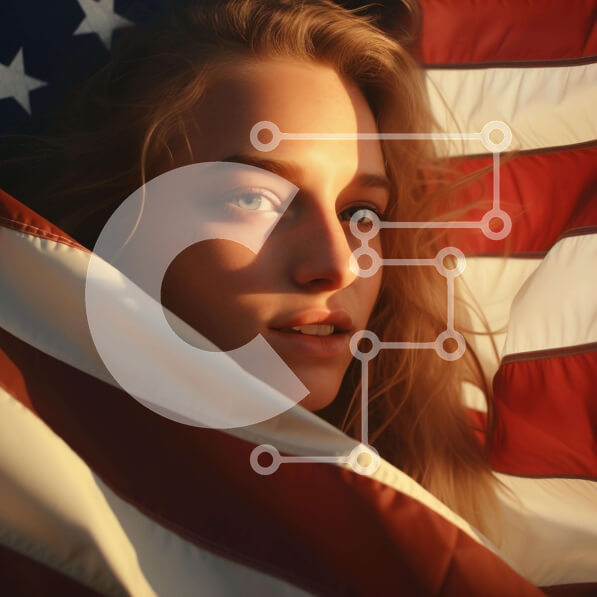 Intra Συλλεκτικό Ξύλινο Παζλ Plywood  4mm - Νεαρή γυναίκα τυλιγμένη με αμερικανική σημαία Σε Ξύλινο Κουτί - Διαστάσεις Puzzle: 10x10 cm – 25 κομμάτια