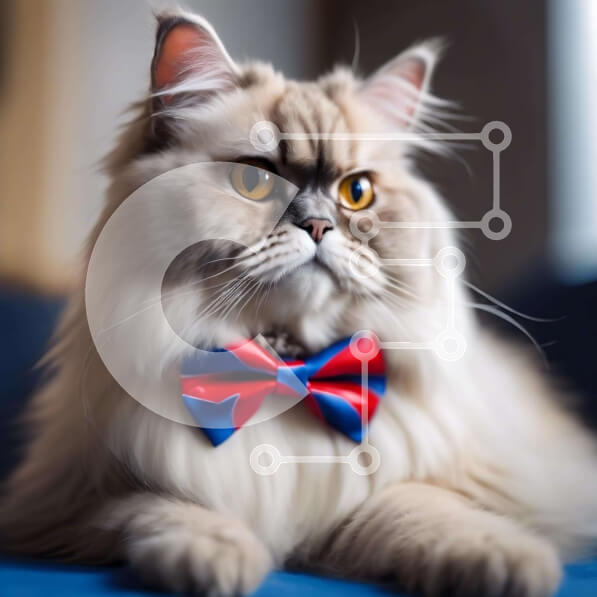 Intra Συλλεκτικό Ξύλινο Παζλ Plywood  4mm - Λευκή και καφέ περσική γάτα με πολύχρωμο παπιγιόν σε μπλε καναπέ Σε Ξύλινο Κουτί - Διαστάσεις: 10x10 cm – 25 κομμάτια