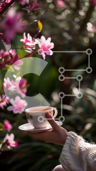 Σετ των 2 Intra Συλλεκτικό Ξύλινο Παζλ Plywood  4mm - Άτομο που απολαμβάνει το τσάι σε εξωτερικούς χώρους με ροζ λουλούδια Σε Ξύλινο Κουτί - Διαστάσεις: 10x10 cm – 25 κομμάτια