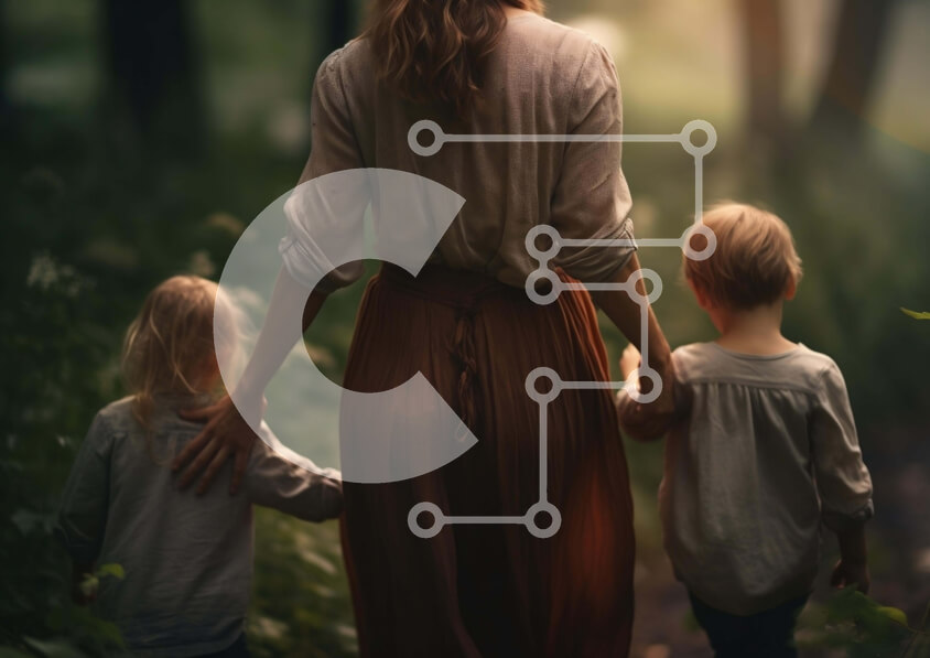 Intra Συλλεκτικό Ξύλινο Παζλ Plywood  4mm - Γυναίκα και παιδιά που περπατούν μέσα στο δάσος Σε Ξύλινο Κουτί - Διαστάσεις: 10x10 cm – 25 κομμάτια