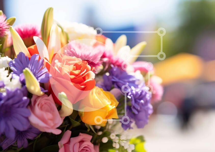 Intra Συλλεκτικό Ξύλινο Παζλ Plywood  4mm - Πολύχρωμο μπουκέτο λουλουδιών σε ένα υπαίθριο εστιατόριο Σε Ξύλινο Κουτί - Διαστάσεις: 10x10 cm – 25 κομμάτια