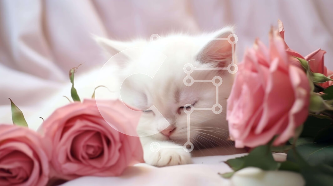 Σετ των 2 Intra Συλλεκτικό Ξύλινο Παζλ Plywood  4mm - Λευκή γάτα που κοιμάται δίπλα σε ροζ τριαντάφυλλα Σε Ξύλινο Κουτί - Διαστάσεις: 10x10 cm – 25 κομμάτια