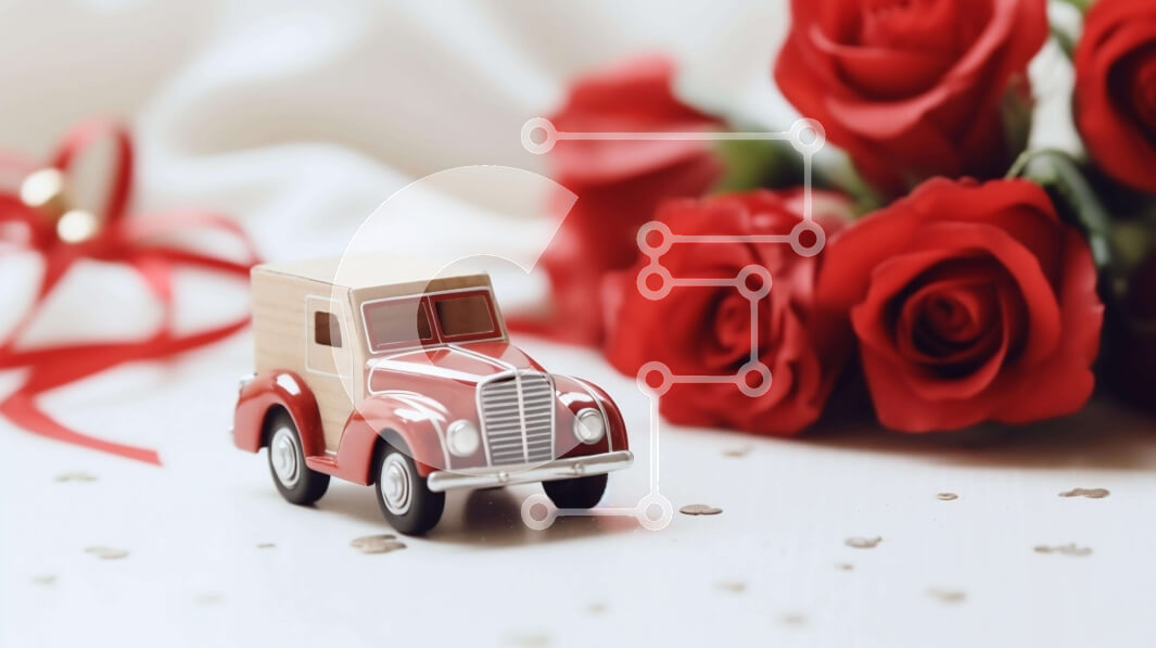 Intra Συλλεκτικό Ξύλινο Παζλ Plywood  4mm - Έννοια για την ημέρα του Αγίου Βαλεντίνου με κόκκινο παιχνίδι αυτοκίνητο και τριαντάφυλλα Σε Ξύλινο Κουτί - Διαστάσεις: 10x10 cm – 25 κομμάτια