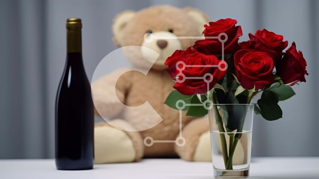 Intra Συλλεκτικό Ξύλινο Παζλ Plywood  4mm - Αρκουδάκι και κόκκινα τριαντάφυλλα με κρασί στο τραπέζι Σε Ξύλινο Κουτί - Διαστάσεις: 10x10 cm – 25 κομμάτια