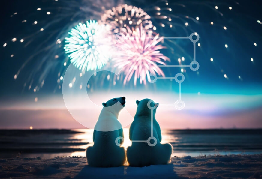 Intra Συλλεκτικό Ξύλινο Παζλ Plywood  4mm - Δύο πολικές αρκούδες που παρακολουθούν τα πυροτεχνήματα στην παραλία Σε Ξύλινο Κουτί - Διαστάσεις: 10x10 cm – 25 κομμάτια