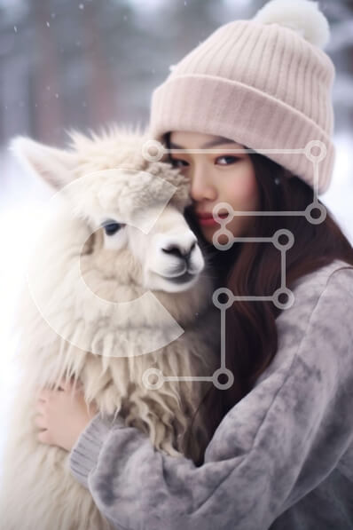 Σετ των 2 Intra Συλλεκτικό Ξύλινο Παζλ Plywood  4mm - Νεαρή γυναίκα που αγκαλιάζει το αλπακά στο χιόνι Σε Ξύλινο Κουτί - Διαστάσεις: 10x10 cm – 25 κομμάτια