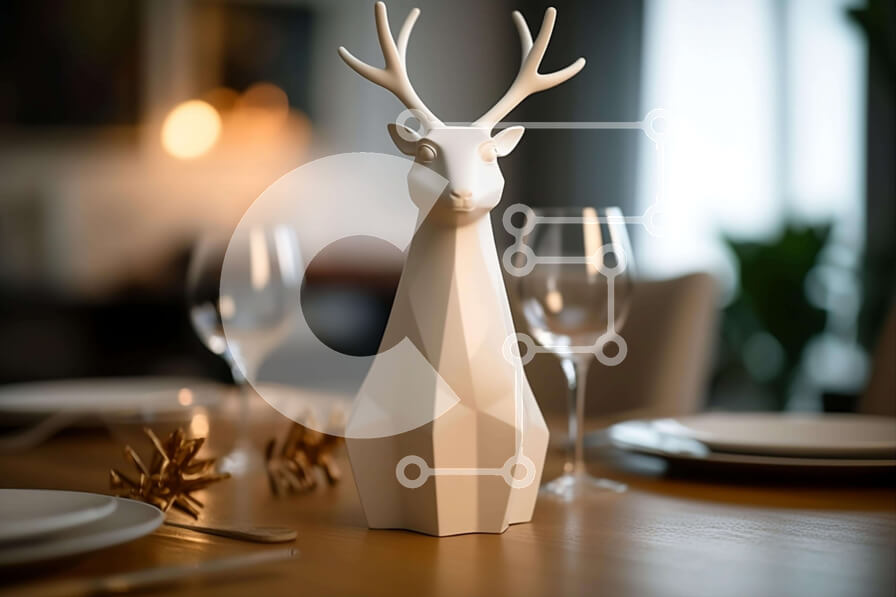 Intra Συλλεκτικό Ξύλινο Παζλ Plywood  4mm - Γλυπτό με κεφάλι λευκού ελαφιού σε τραπέζι φαγητού με ασημικά και κηροπήγια Σε Ξύλινο Κουτί - Διαστάσεις Puzzle: 10x10 cm – 25 κομμάτια