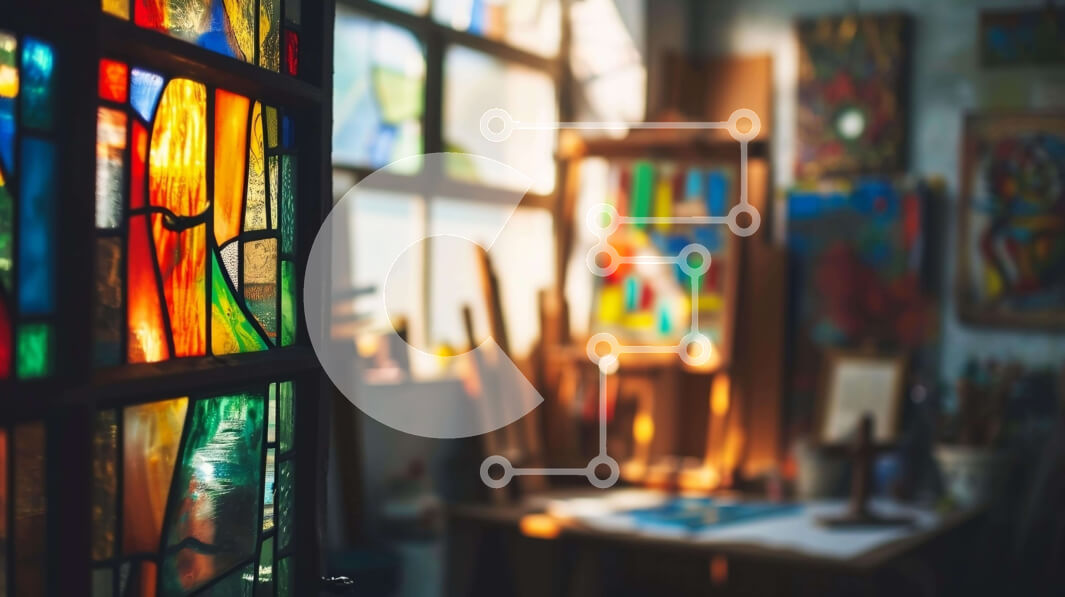 Intra Συλλεκτικό Ξύλινο Παζλ Plywood  4mm - Πολύχρωμο βιτρό παράθυρο στο Art Studio Σε Ξύλινο Κουτί - Διαστάσεις Puzzle: 10x10 cm – 25 κομμάτια