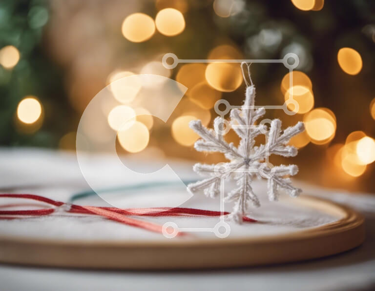 Intra Συλλεκτικό Ξύλινο Παζλ Plywood  4mm - Νιφάδα Χιονιού Κρεμασμένη από Κέντημα Τσέρκι με Κόκκινες και Λευκές Κορδέλες Σε Ξύλινο Κουτί - Διαστάσεις Puzzle: 10x10 cm – 25 κομμάτια