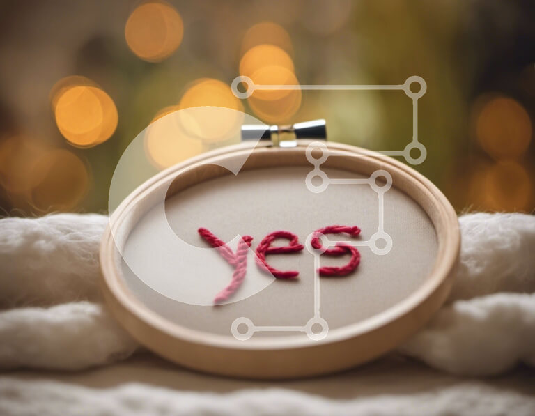 Intra Συλλεκτικό Ξύλινο Παζλ Plywood  4mm - Κόκκινο τσέρκι κεντήματος με κεντημένη τη λέξη «ναι». Σε Ξύλινο Κουτί - Διαστάσεις Puzzle: 10x10 cm – 25 κομμάτια