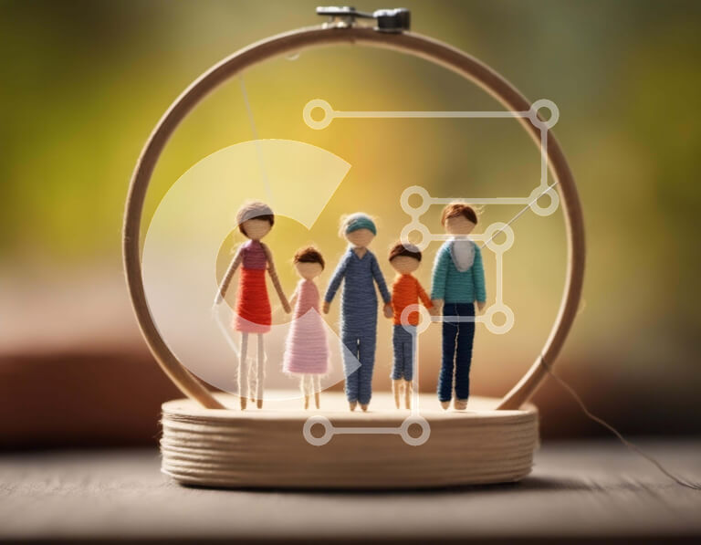 Intra Συλλεκτικό Ξύλινο Παζλ Plywood  4mm - Χειροποίητη κούκλα οικογένεια με τσέρκι κεντήματος Σε Ξύλινο Κουτί - Διαστάσεις Puzzle: 10x10 cm – 25 κομμάτια