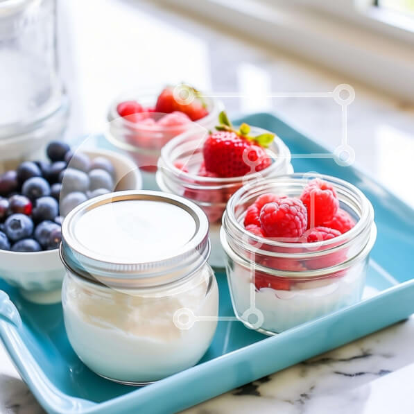 Σετ των 2 Intra Συλλεκτικό Ξύλινο Παζλ Plywood  4mm - Επιδόρπιο γιαουρτιού και μούρων σε μπλε δίσκο Σε Ξύλινο Κουτί - Διαστάσεις: 10x10 cm – 25 κομμάτια