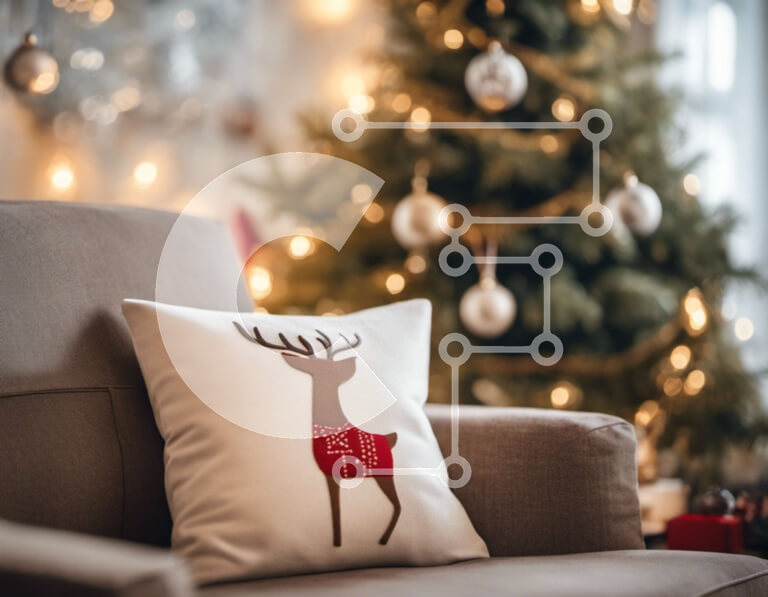 Intra Συλλεκτικό Ξύλινο Παζλ Plywood  4mm - Γκρίζος καναπές με διακοσμημένο χριστουγεννιάτικο δέντρο στο βάθος Σε Ξύλινο Κουτί - Διαστάσεις Puzzle: 10x10 cm – 25 κομμάτια