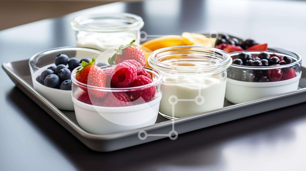 Σετ των 2 Intra Συλλεκτικό Ξύλινο Παζλ Plywood  4mm - Διάφορα φρούτα και γιαούρτι σε ξύλινο τραπέζι Σε Ξύλινο Κουτί - Διαστάσεις: 10x10 cm – 25 κομμάτια