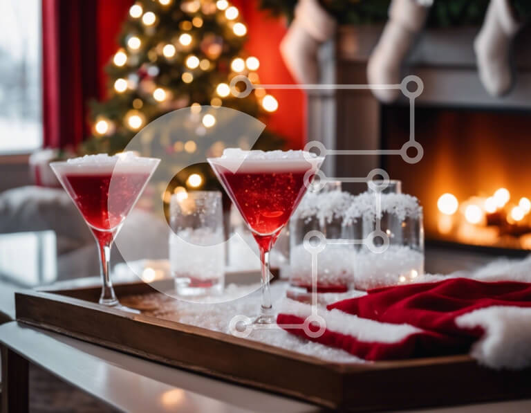 Σετ των 2 Intra Συλλεκτικό Ξύλινο Παζλ Plywood  4mm - Κόκκινα ποτήρια Martini σε δίσκο δίπλα στο τζάκι Σε Ξύλινο Κουτί - Διαστάσεις: 10x10 cm – 25 κομμάτια