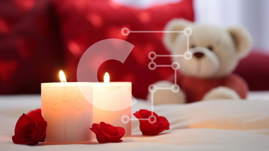 Intra Συλλεκτικό Ξύλινο Παζλ Plywood  4mm - Ρομαντική διακόσμηση κρεβατοκάμαρας για την ημέρα του Αγίου Βαλεντίνου με κεριά, αρκουδάκι και κόκκινα τριαντάφυλλα Σε Ξύλινο Κουτί - Διαστάσεις: 10x10 cm – 25 κομμάτια