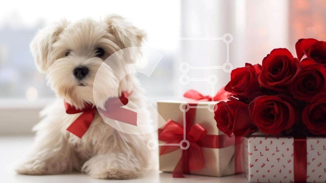 Σετ των 2 Intra Συλλεκτικό Ξύλινο Παζλ Plywood  4mm - Μικρό λευκό σκυλί με κόκκινα τριαντάφυλλα και κορδέλες Σε Ξύλινο Κουτί - Διαστάσεις: 10x10 cm – 25 κομμάτια