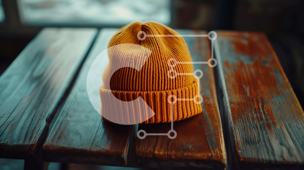 Intra Συλλεκτικό Ξύλινο Παζλ Plywood  4mm - Πορτοκαλί πλεκτό Beanie σε ξύλινο τραπέζι με χιονισμένο τοπίο Σε Ξύλινο Κουτί - Διαστάσεις Puzzle: 10x10 cm – 25 κομμάτια