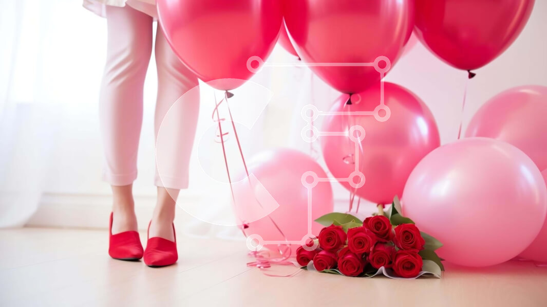 Intra Συλλεκτικό Ξύλινο Παζλ Plywood  4mm - Γυναίκα με κόκκινα ψηλοτάκουνα με ροζ μπαλόνια και τριαντάφυλλα Σε Ξύλινο Κουτί - Διαστάσεις Puzzle: 10x10 cm – 25 κομμάτια