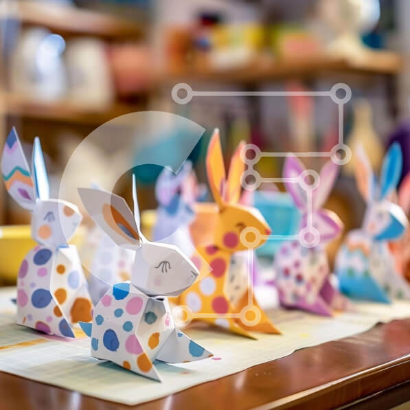 Intra Συλλεκτικό Ξύλινο Παζλ Plywood  4mm - Πολύχρωμα πασχαλινά κουνέλια Origami στο τραπέζι Σε Ξύλινο Κουτί - Διαστάσεις: 10x10 cm – 25 κομμάτια