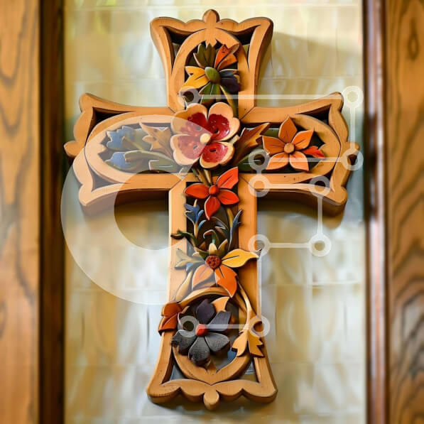 Intra Συλλεκτικό Ξύλινο Παζλ Plywood  4mm - Πολύχρωμος Ξύλινος Σταυρός διακοσμημένος με λουλούδια Σε Ξύλινο Κουτί - Διαστάσεις Puzzle: 10x10 cm – 25 κομμάτια