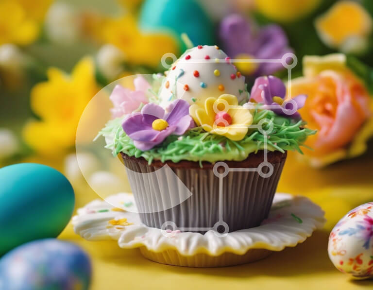 Σετ των 2 Intra Συλλεκτικό Ξύλινο Παζλ Plywood  4mm - Cupcake με πασχαλινό θέμα με πολύχρωμα λουλούδια και πασχαλινό αυγό Σε Ξύλινο Κουτί - Διαστάσεις: 10x10 cm – 25 κομμάτια