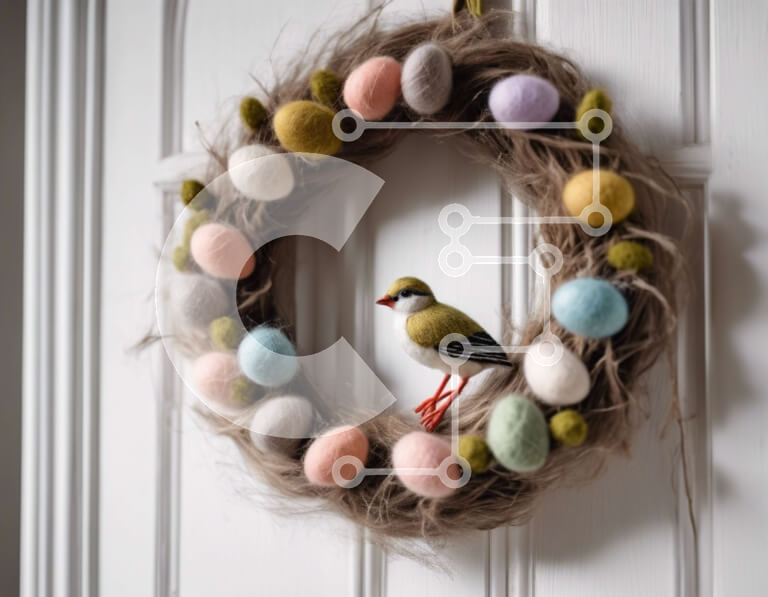 Intra Συλλεκτικό Ξύλινο Παζλ Plywood  4mm - Πολύχρωμο στεφάνι από τσόχινο πασχαλινό αυγό στην μπροστινή πόρτα με πουλί Σε Ξύλινο Κουτί - Διαστάσεις Puzzle: 10x10 cm – 25 κομμάτια