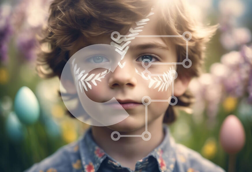 Intra Συλλεκτικό Ξύλινο Παζλ Plywood  4mm - Νεαρό αγόρι με μπογιά προσώπου σε χωράφι με λουλούδια και πασχαλινά αυγά Σε Ξύλινο Κουτί - Διαστάσεις Puzzle: 10x10 cm – 25 κομμάτια