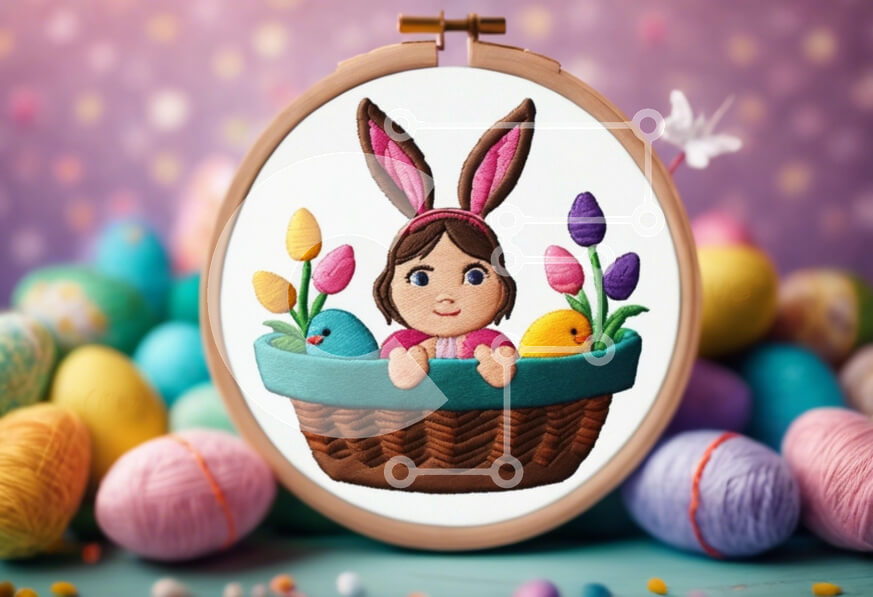 Intra Συλλεκτικό Ξύλινο Παζλ Plywood  4mm - Σχέδιο κεντήματος λαγουδάκι με πασχαλινά αυγά Σε Ξύλινο Κουτί - Διαστάσεις Puzzle: 10x10 cm – 25 κομμάτια