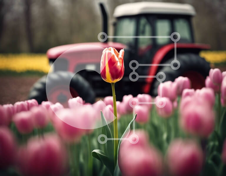 Intra Συλλεκτικό Ξύλινο Παζλ Plywood  4mm - Ροζ τουλίπα στο χωράφι με κόκκινο τρακτέρ Σε Ξύλινο Κουτί - Διαστάσεις: 10x10 cm – 25 κομμάτια