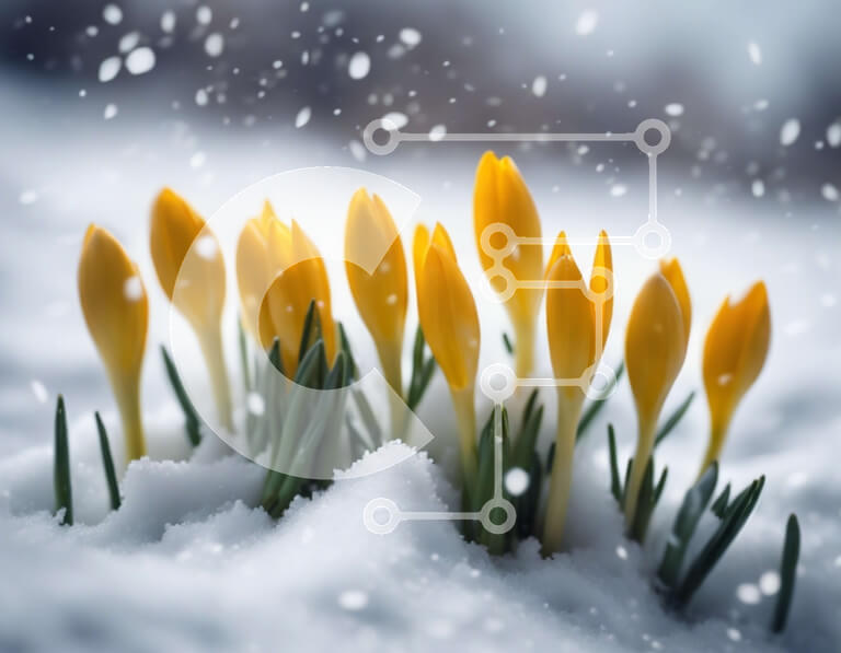 Intra Συλλεκτικό Ξύλινο Παζλ Plywood  4mm - Κίτρινα λουλούδια κρόκου που αναδύονται από το χιόνι Σε Ξύλινο Κουτί - Διαστάσεις: 10x10 cm – 25 κομμάτια